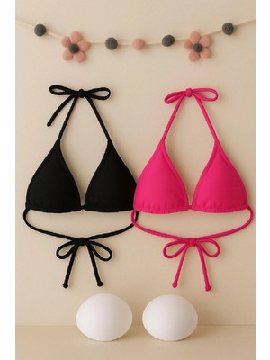 Hace Bazaar Kadın Siyah ve Fuşya Minimal Kesim Üçgen Bikini Üstü