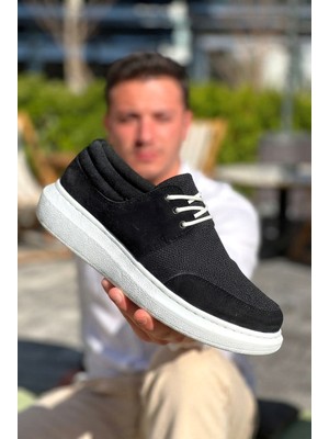 Zerenyus ZRK-X042 Premium Kalın Taban Bağcıklı Siyah Beyaz Deri Tozu Günlük Casual Erkek Spor Ayakkabı