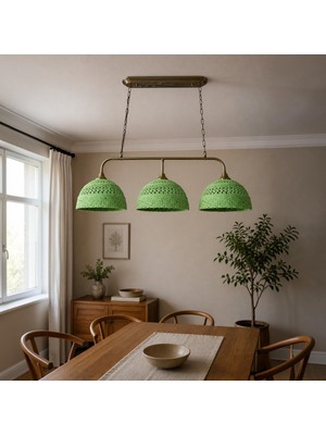 Bamyum Bohem Yeşil Recycle Iplik Jüt El Yapımı Brillar Üçlü Eskitme Metal Rustik E27 Salon Yemek Masası Sarkıt Avize
