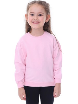 Zuzunga Basic Düz Renk Pembe Fırçalı Yumuşak %100 Pamuk Sweatshirt