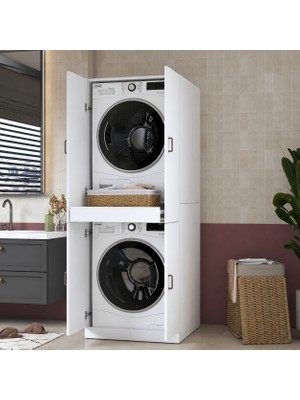 Rani Mobilya Rani KD126 Çamaşır Makinesi Dolabı 4 Kapaklı Çekmeceli Banyo Dolabı Beyaz