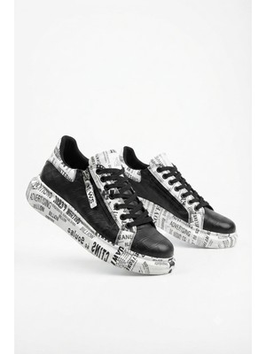 Zerenyus ZRK-X02 Premium Fermuarlı Bağcıklı Crocodile Siyah Gazete Erkek Sneaker