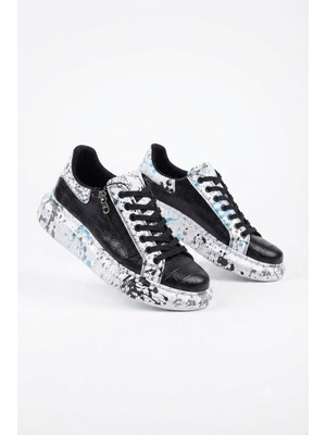 Zerenyus ZRK-X02 Premium Fermuarlı Bağcıklı Crocodile Siyah Mavi Erkek Sneaker