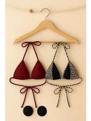 Hace Bazaar Kadın Leopar Desenli ve Bordo Minimal Kesim Üçgen Bikini Üstü