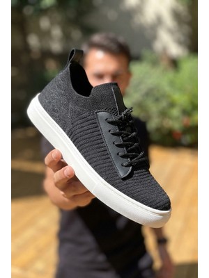 Zerenyus ZRK-X110 Premium Rahat Slip-On Bağcıksız Nefes Alan Triko Erkek Ayakkabı Siyah Beyaz