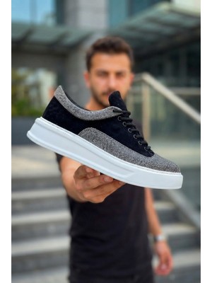 Zerenyus ZRK-X005 Yüksek Kalite Siyah Gri Süet Bağcıklı Kalın Taban Erkek Sneaker