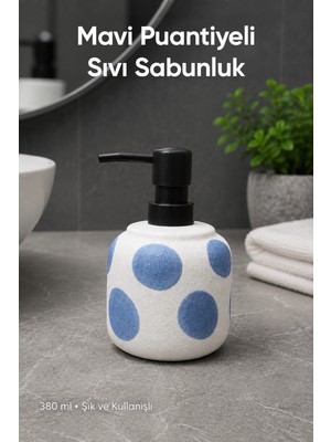 Vienev Mavi Puantiyeli Seramik Sıvı Sabunluk 380 ml Beyaz Lüks Banyo Mutfak Sıvı Sabunluk