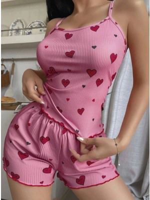 Hace Bazaar Kadın Pembe Kalp Desenli Askılı Şortlu Pijama Takımı