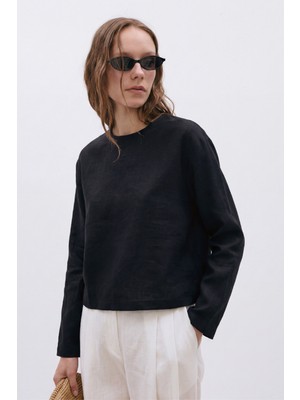 Siyah Mussel Crop Keten Bluz