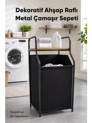 Vienev Metal Gövdeli Ahşap Raflı Banyo Düzenleyici - Kumaş Kirli Sepeti