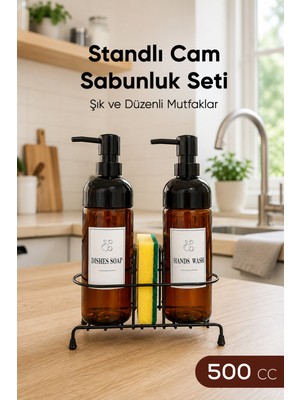 Vienev Amber Cam Sıvı Sabunluk Seti - Siyah Metal Standlı Süngerlikli 2li Set 500CC
