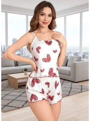 Hace Bazaar Kadın Beyaz Kalp Desenli Şortlu Gecelik Pijama Takımı Sevimli Rahat 2’li Set