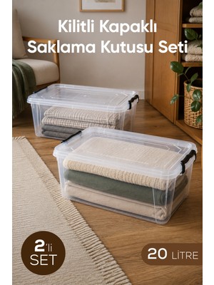 Vienev 2'li Kilitli Kapak Saklama Kabı Seti 20 Lt Şeffaf Dikdörtgen Saklama Kutusu