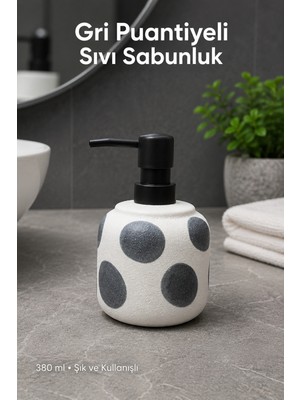 Vienev Gri Puantiyeli Seramik Sıvı Sabunluk 380 ml Beyaz Lüks Banyo Mutfak Sıvı Sabunluk