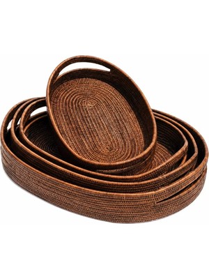 Baolgi Hasır 4’lü Set Oval Tepsiler Kahverengi