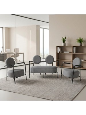 Azra Mobilya Venüs 2+1+1 Soft Kumaş Ofis & Büro Iş Yeri Bekleme Koltuğu Takımı – Siyah Metal Iskelet - Açık Gri