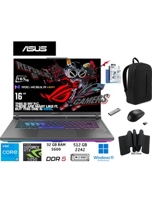 Asusrog Strix G16 G615JH-N3112 Intel Core I5 13450HX 32GB 512GB SSD RTX5050 W11 Pro 16" Duddi Çanta+Mouse+Mousepad+Usbbellek+Temizlikkit