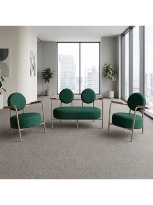 Azra Mobilya Venüs 2+1+1 Soft Kumaş Ofis & Büro Iş Yeri Bekleme Koltuğu Takımı – Cappuccino Metal Iskelet - Yeşil
