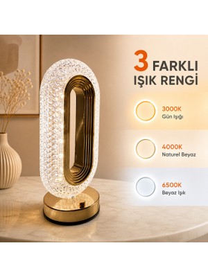 Neo Vista Büyük Boy Elmas Tasarım Kristal LED Masa Lambası 3 Renk Işıklı, Dokunmatik ve Şarjlı Dekoratif Aydınlatma