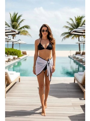 Hace Bazaar Kadın Siyah Beyaz Pareolu 3’lü Bikini Takımı Yandan ve Boyundan Bağlamalı Pedli Şık Plaj Seti