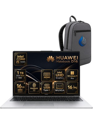 Huawei Matebook D16 Intel Core I5-13420H 16 GB LPDDR4X 1 Tb SSD 16'' Wuxga IPS Windows 11 Pro Dizüstü Bilgisayar MCLG-W5611DRNP03