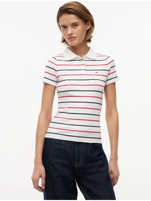 Tommy Jeans Beyaz Kadın Çizgili Polo T-Shirt DW0DW223270FB