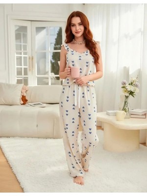 Hace Bazaar Kadın Ekru Mavi Kalp Desenli Uzun Pijama Takımı Yumuşak Pamuklu Rahat Ev Giyimi Özel Tasarım