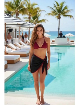 Hace Bazaar Kadın Siyah Bordo Pareolu 3’lü Bikini Takımı Yandan ve Boyundan Bağlamalı Pedli Şık Plaj Seti