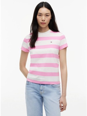 Tommy Jeans Pembe Kadın Bisilet Yaka Çizgili T-Shirt DW0DW238010D1