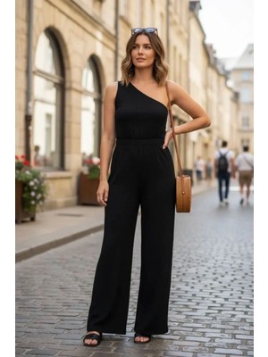 Hace Bazaar Kadın Siyah Tek Omuz Bluz ve Geniş Paça Pantolon Ikili Takım Şık Kombin