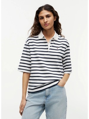 Tommy Hilfiger Beyaz Kadın Çizgili Polo T-Shirt WW0WW499710A9