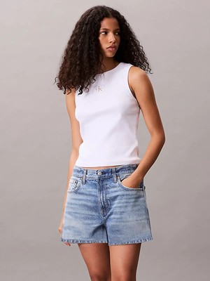 Calvin Klein A - Woven Label 2x2 Cotton Rıb T Beyaz Kadın Tişört