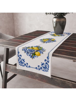 Alkan Homes Limon Desenli Süet Kumaş, Kenarları Dikişli Dekoratif Masa Örtüsü Runner 45×100 cm