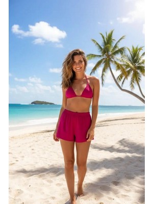 Hace Bazaar Fuşya Şortlu Bağlamalı Bikini Takımı Üçgen Kesim Ayarlanabilir Esnek Kumaş Kadın Mayo Seti
