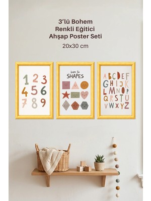 212toyzz 3'lü Ahşap Bohem Renkli Eğitici Tasarımlı Çocuk ve Bebek Odası Çerçevesiz Poster Seti 20X30 cm