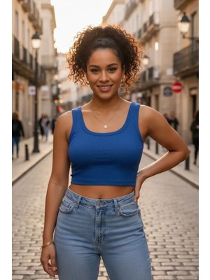 Hace Bazaar Kadın Lacivert Modern Fit Kare Yaka Crop Top Bluz