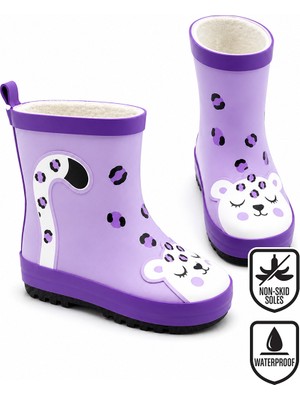 Denokids Kız Çocuk Yağmur Botu Su Geçirmez Lila Leopar Desenli (25-33 N)