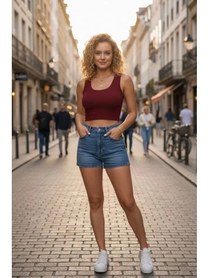 Hace Bazaar Kadın Bordo Modern Fit Kare Yaka Crop Top Bluz
