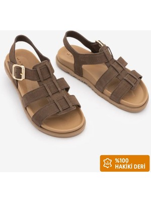 Marjin Kadın Hakiki Deri Bilekten Bantlı Şeritli Günlük Sandalet Sovena Kahve Süet