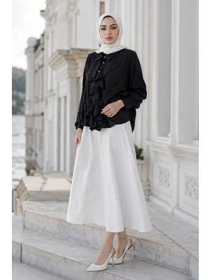 Hafsa Mina Önü Fırfırlı Gömlek Siyah HM2949