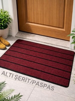 Odea Beylini Şerit Desenli Kapı Önü Paspası Kaymaz Taban Dayanıklı Su Geçirmez Emici Nem Toz Uv Dayanıklı 45X70CM (Bordo)