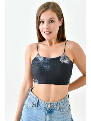 Woman Vision Kadın Siyah Gece Desenli Kumaş  Lastik Askılı Tasarım Crop Body Bluz  12484