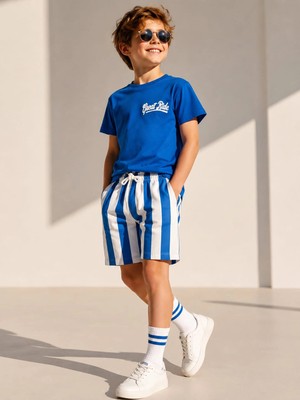 %100 Cotton Pamuklu Çizgili Şortlu Takım