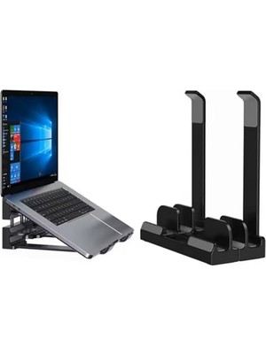 Odea Mcstorey Laptop Stand Dikey ve Eğimli 3 Slotlu Ayarlanabilir Masaüstü Organizer Telefon Tablet Uyumlu Kaymaz Silikon Pedli Ergonomik Masa Düzenleyici Pvc Tpu Alaşım Siyah