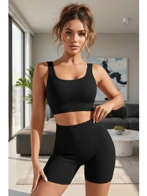 Hace Bazaar Kadın Siyah Kaşkorse Şortlu Crop Atlet Takım Esnek Kumaş Yüksek Bel