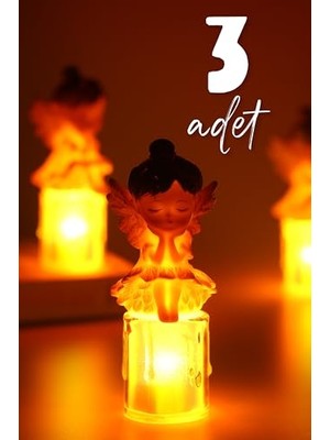 Odea 3lü LED Mum Kanatlı Melek Tip Dumansız Pilli Alevli Dekoratif Yapay Mum Işıldak Kahve 1037-7