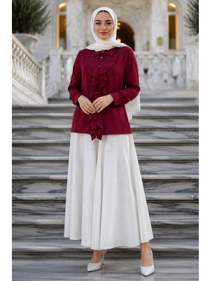 Hafsa Mina Önü Fırfırlı Gömlek Bordo HM2949