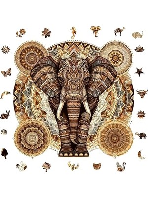 Odea Ahşap Puzzle Yetişkin - Majestik Mandala Fil - 250 Parça, 29 x 28 cm - Yapıştırıcı Folyo Dahil - Benzersiz Şekilli Parçalar & Özel Figürler - Wz-04