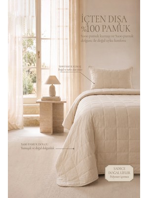 Ocean Home Textile %100 Pamuk Kumaş Kapitoneli Bej Çok Amaçlı Tek Kişilik Yatak Örtüsü Seti 1 Adet 180 x 230 / 1 Adet 50 x 70 cm
