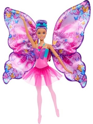Odea Barbie Kelebek Dansçı Bebek, Kanatlarını Açarak Kelebeğe Dönüşen 2'si 1 Arada Mor Saçlı Barbie Kelebek Dansçı Bebek, Saç Aksesuarı, Çıkarılabilen Tütü, HXJ10